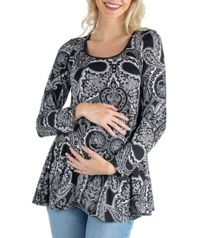 24seven Comfort Apparel Women's Maternity Black Paisley Long Sleeve Tunic Top