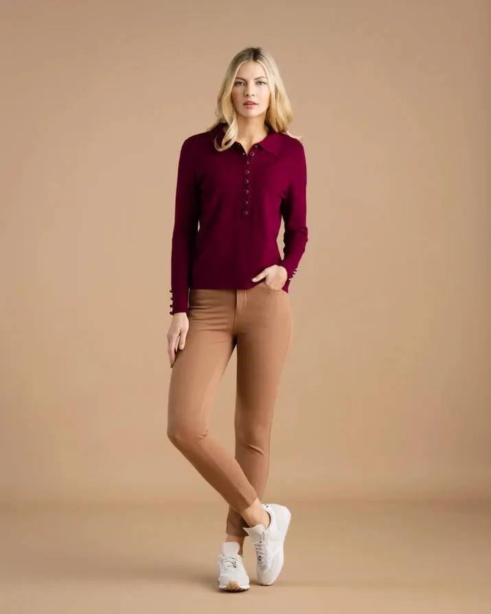 7105- Polo Collar Button Front Jumper-Berry- Marble