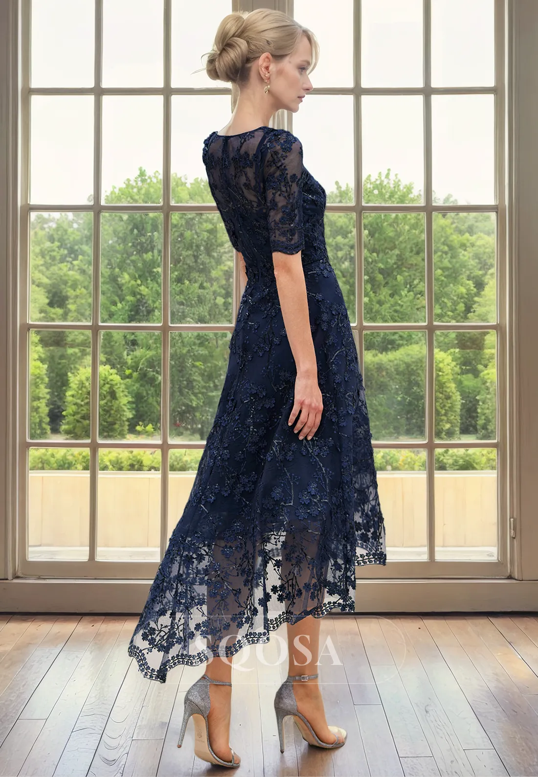 A Line Scoop Half Sleeves Elegant Lace Mother of the Bride Dress for Wedding