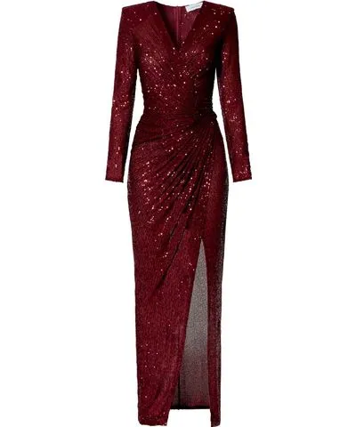 Aggi by Halewski Women's Pink / Purple Scarlet Burgundy Sparkle Sequined Maxi Dress With Long Sleeve