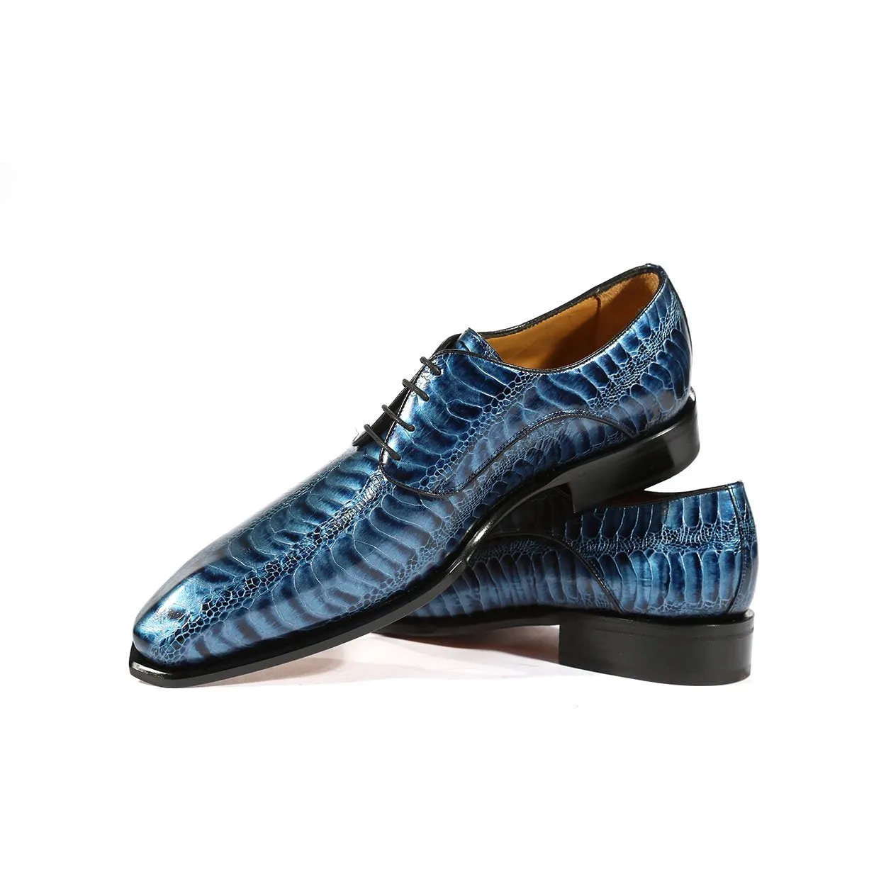 Ambrogio 39127 Men's Handmade Custom Made Shoes Blue Ostrich Leg Print / Calf-Skin Leather Derby Oxfords (AMBS1005)