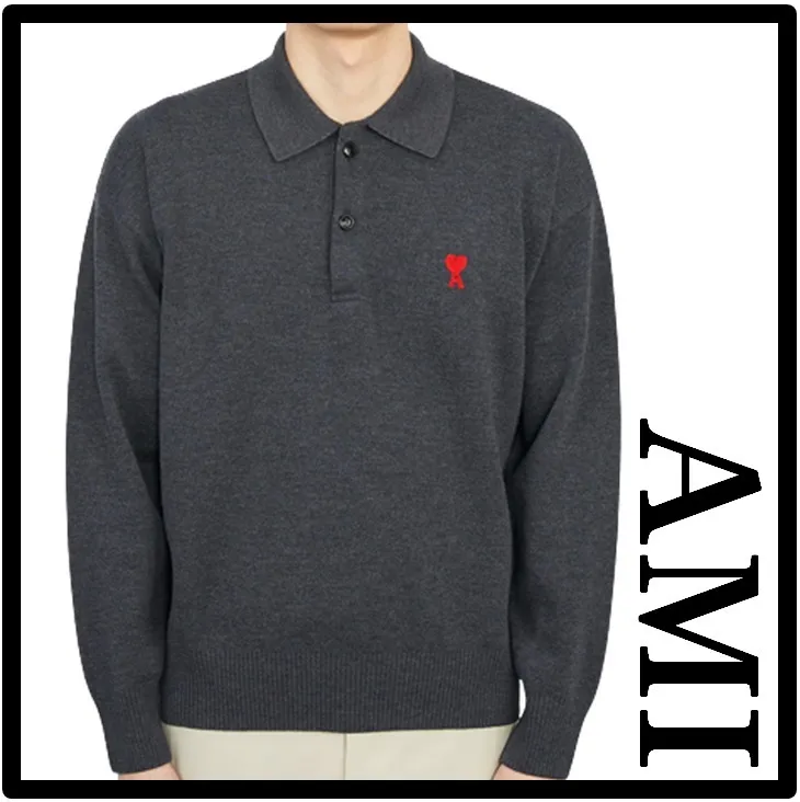 AMI PARIS  |Unisex Street Style Logo Designers Knitted Polo Shirts Polos