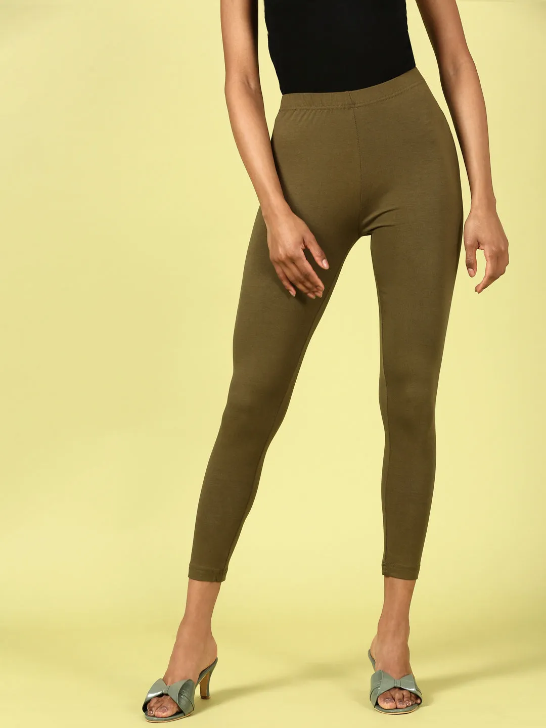 Ankle Length Leggings Cotton-Olive Green