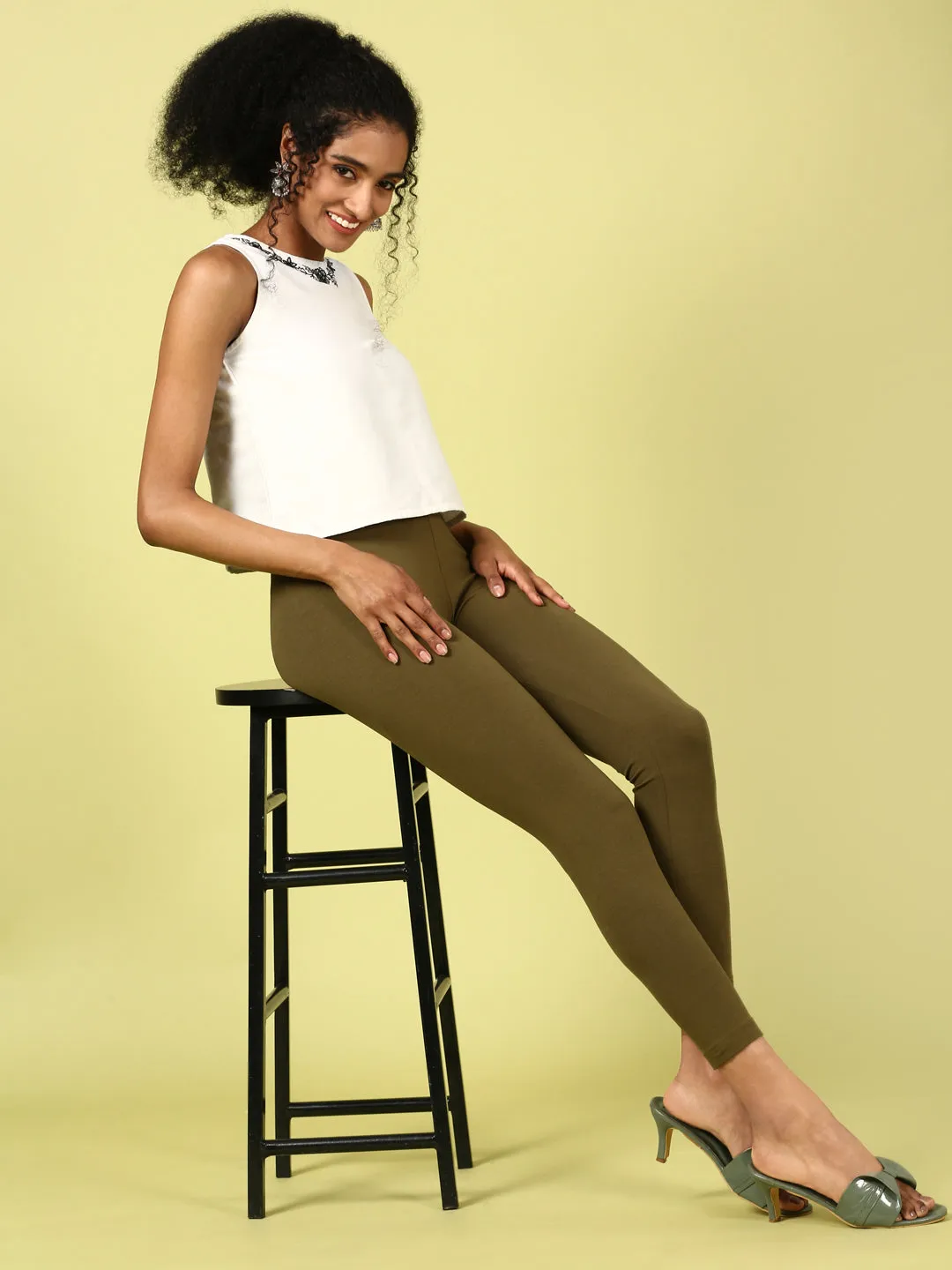 Ankle Length Leggings Cotton-Olive Green