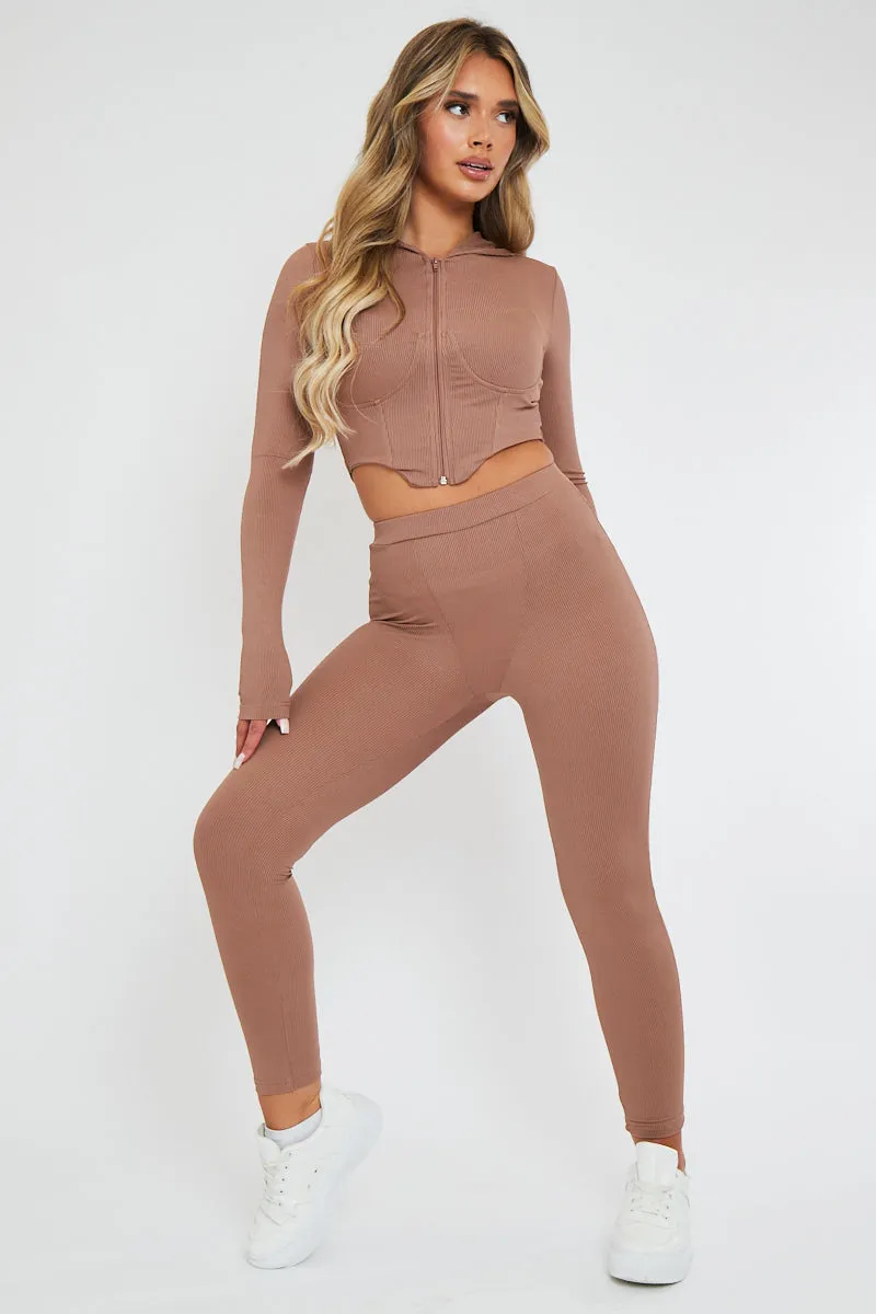 Beige Ribbed Corset Style Hoodie & Leggings Set - Navah