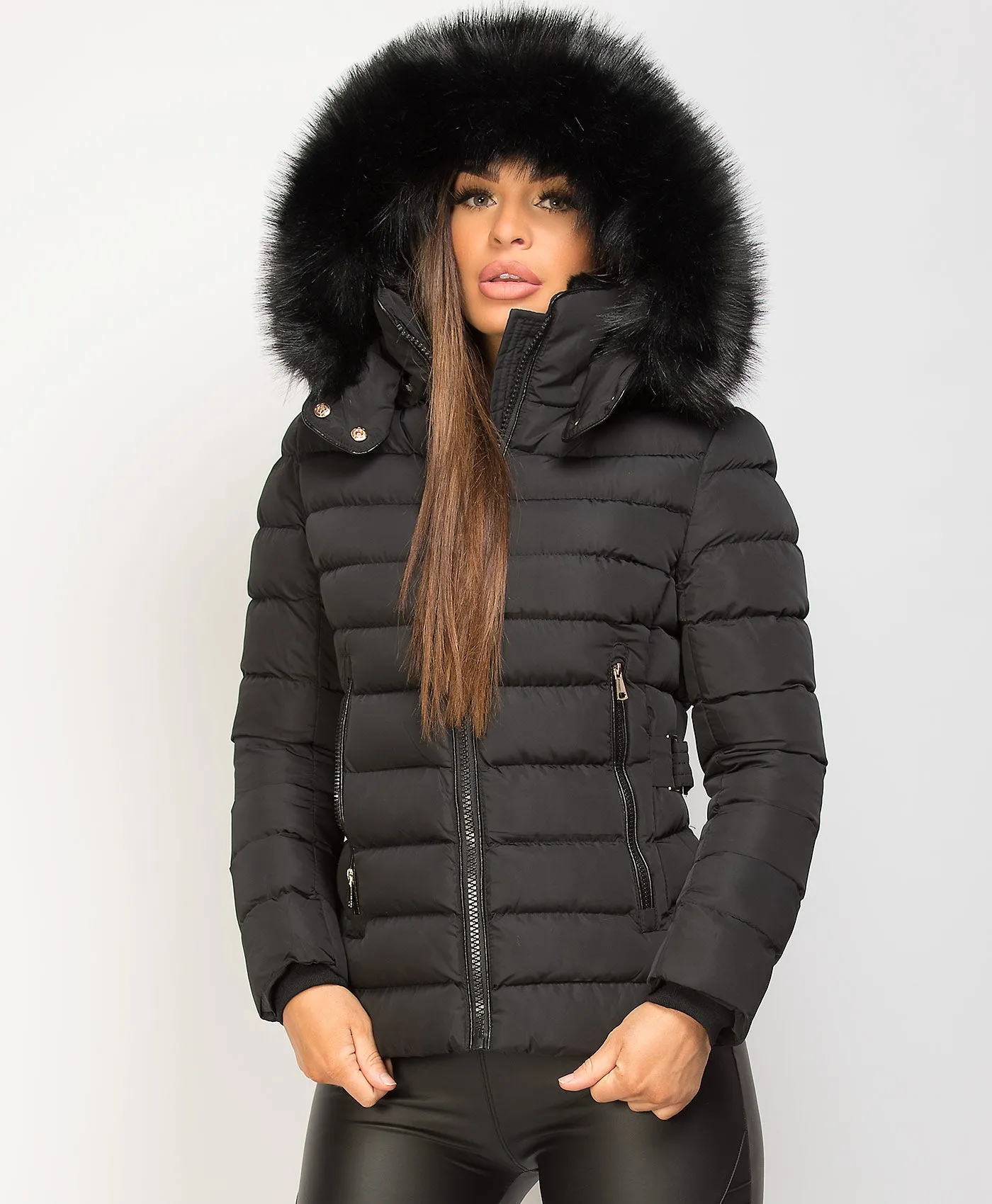 Black Contrast Panel Padded Quilted Fur Hood Puffer Jacket