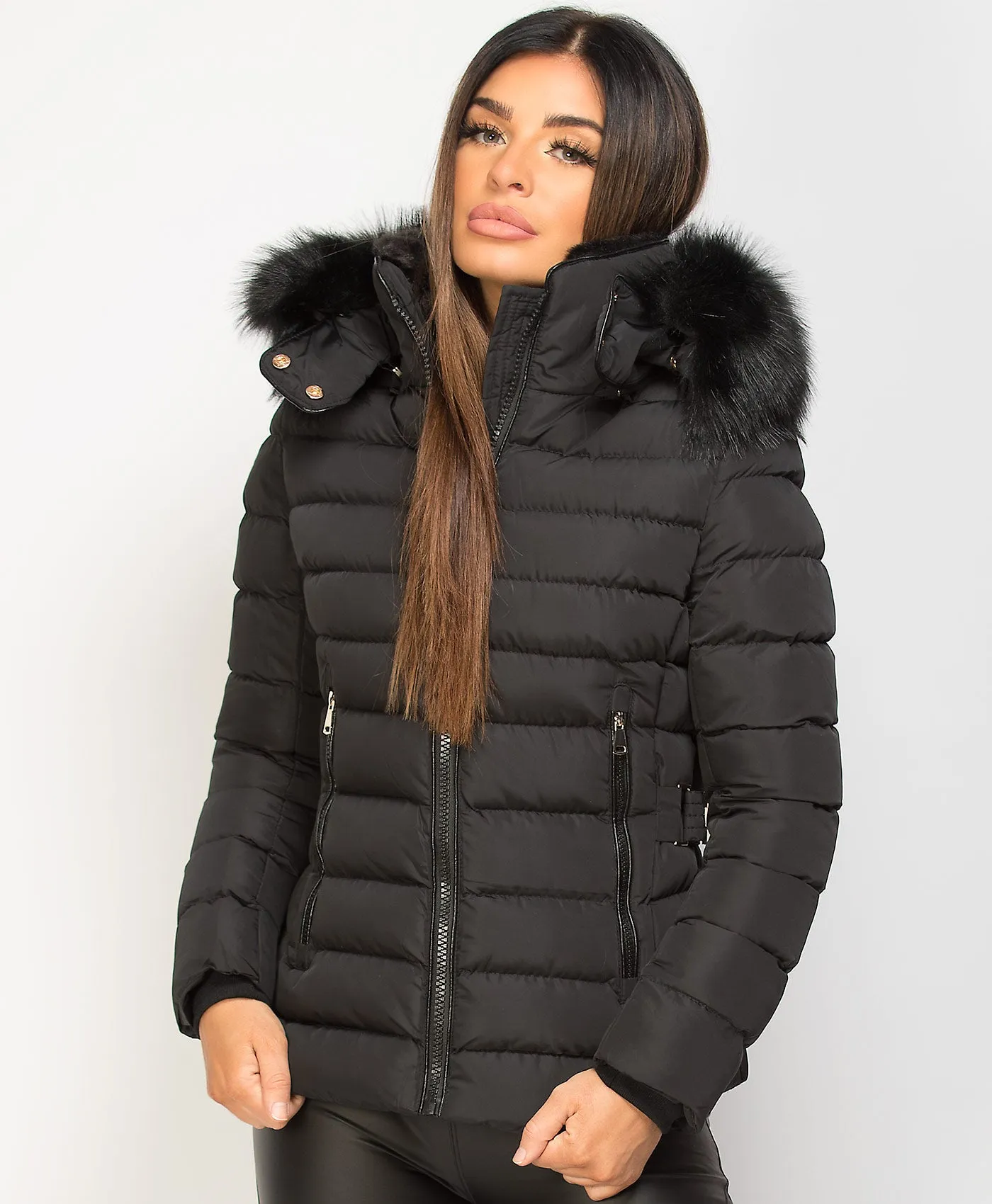 Black Contrast Panel Padded Quilted Fur Hood Puffer Jacket