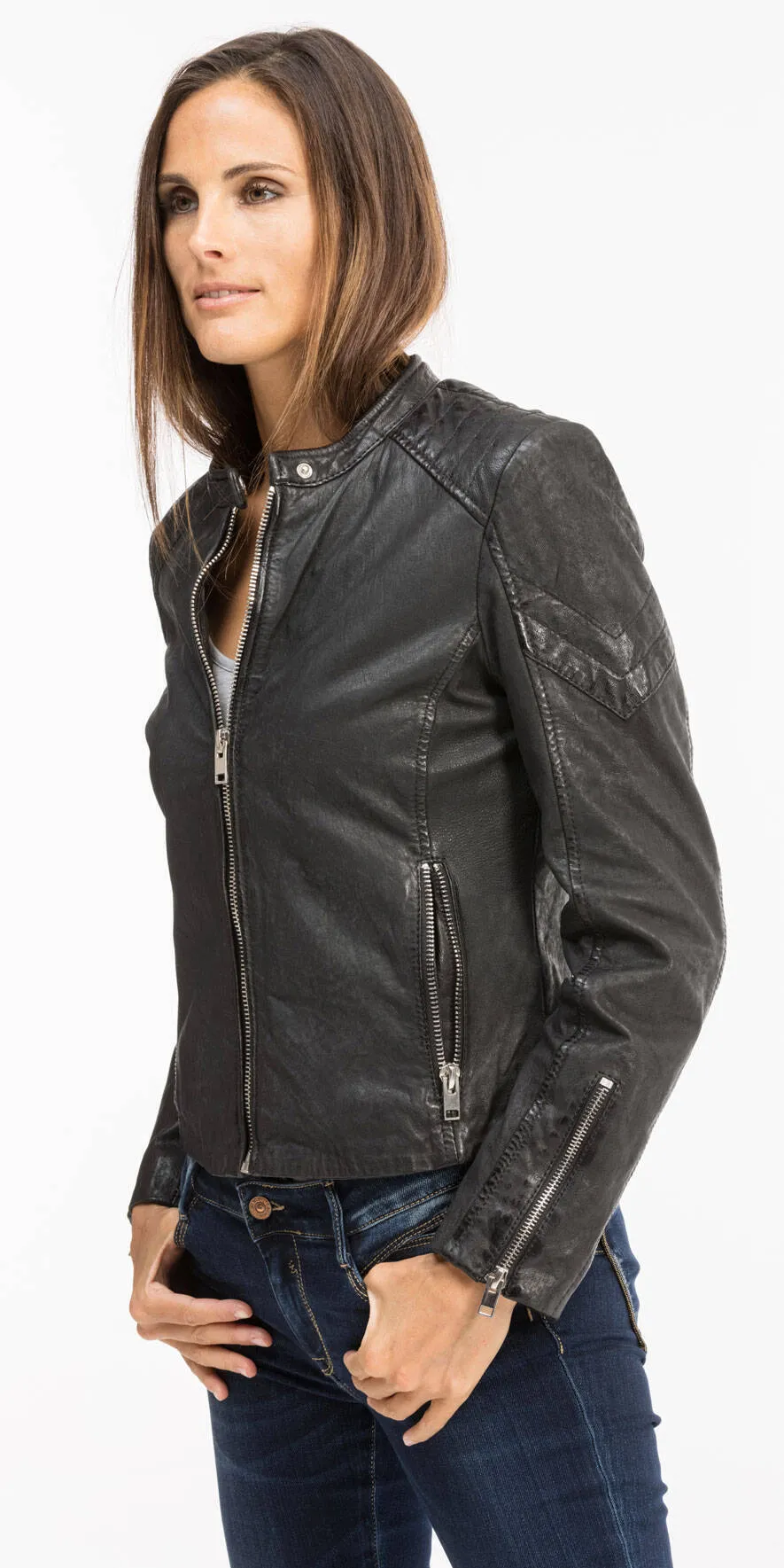 Black leather jacket for women motorcycle style 12811