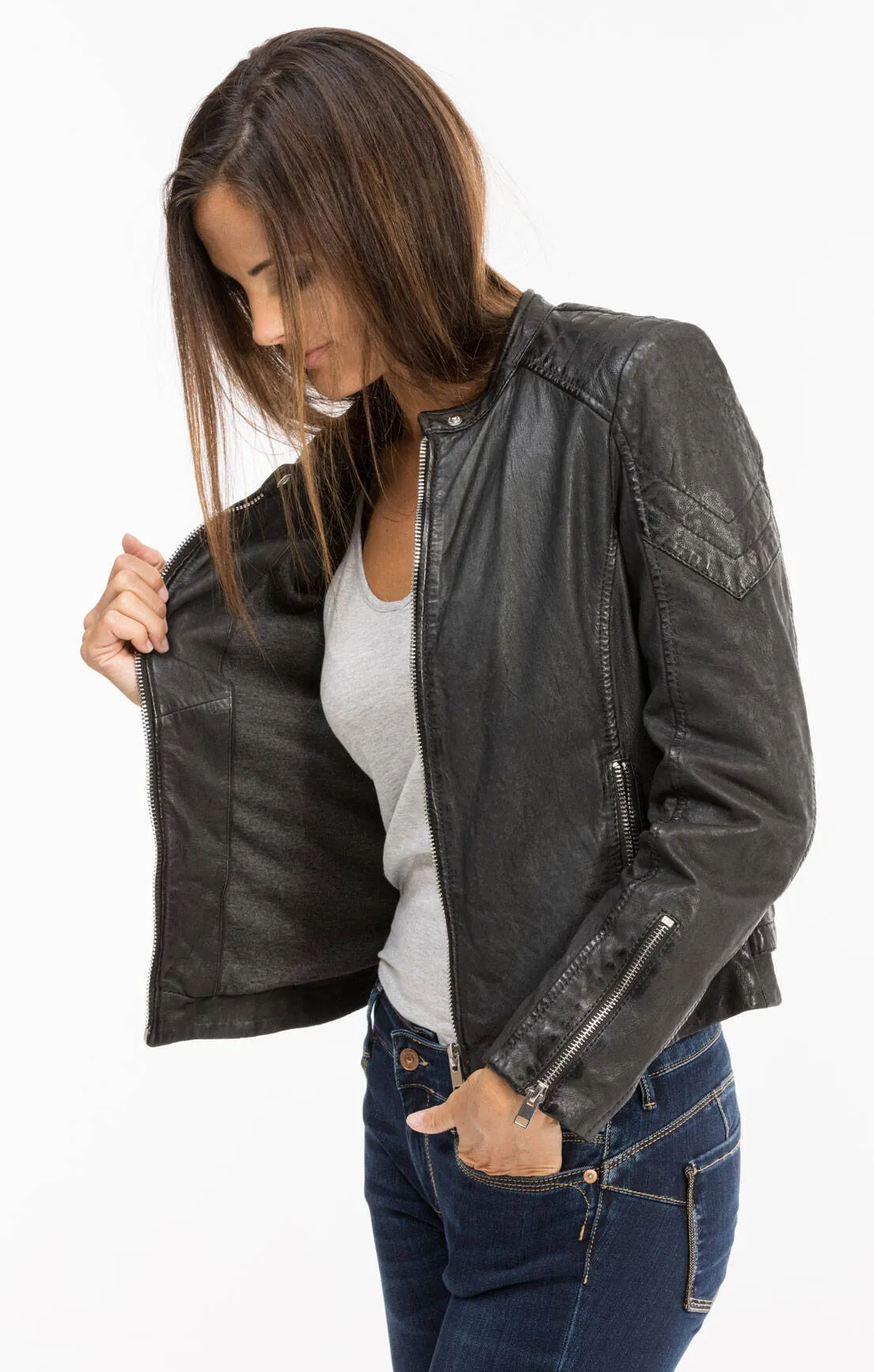 Black leather jacket for women motorcycle style 12811