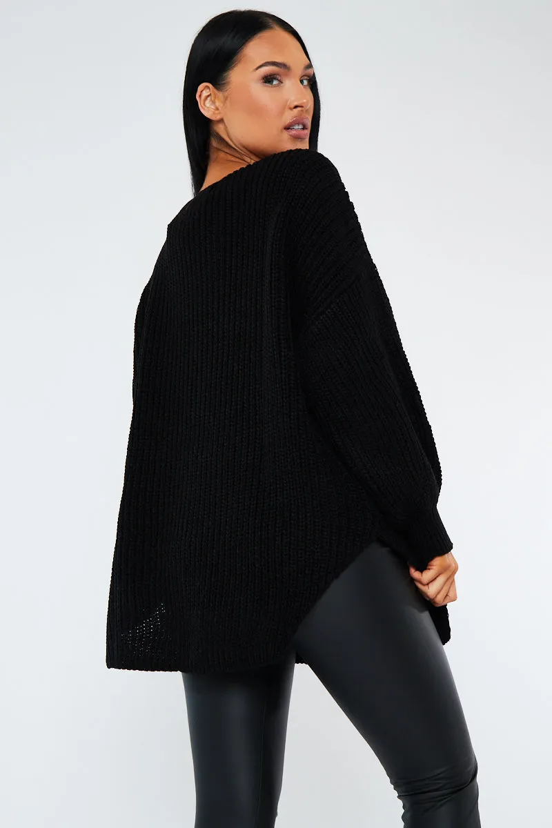 Black Oversized Knit V Neck Sweater - Evelyn