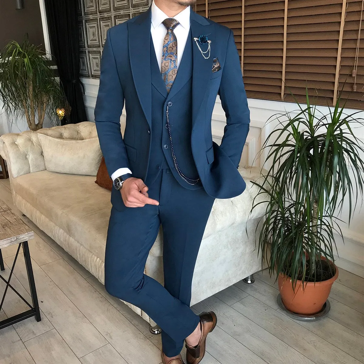 Bojoni Blue Slim-Fit Suit 3-Piece