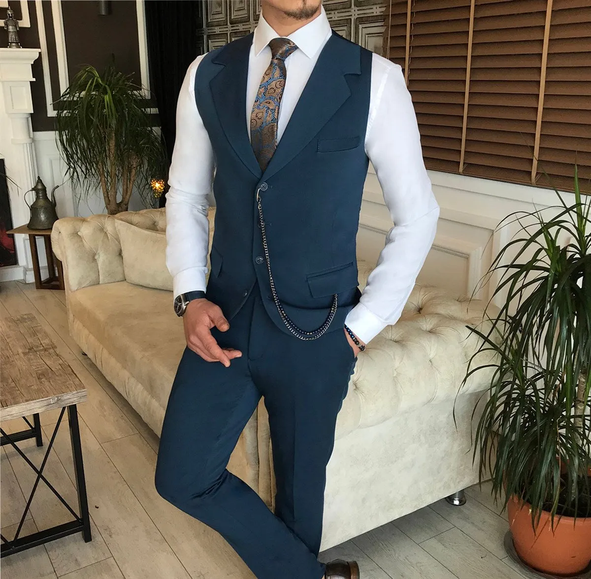 Bojoni Blue Slim-Fit Suit 3-Piece