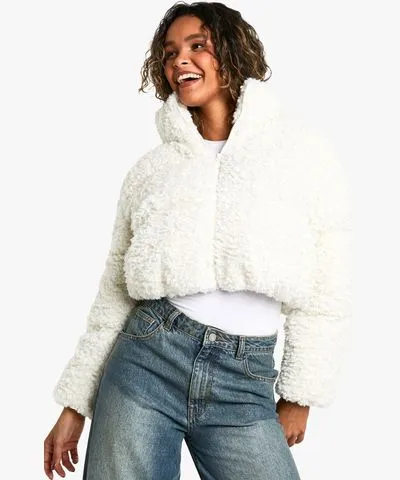 boohoo Womens Faux Fur Crop Puffer Jacket