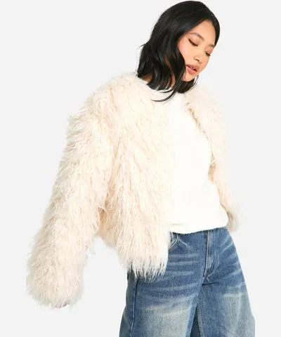 boohoo Womens Petite Shaggy Fur Drop Shoulder Jacket