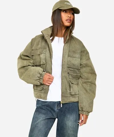 boohoo Womens Utility Pocket Oversized Bomber Jacket