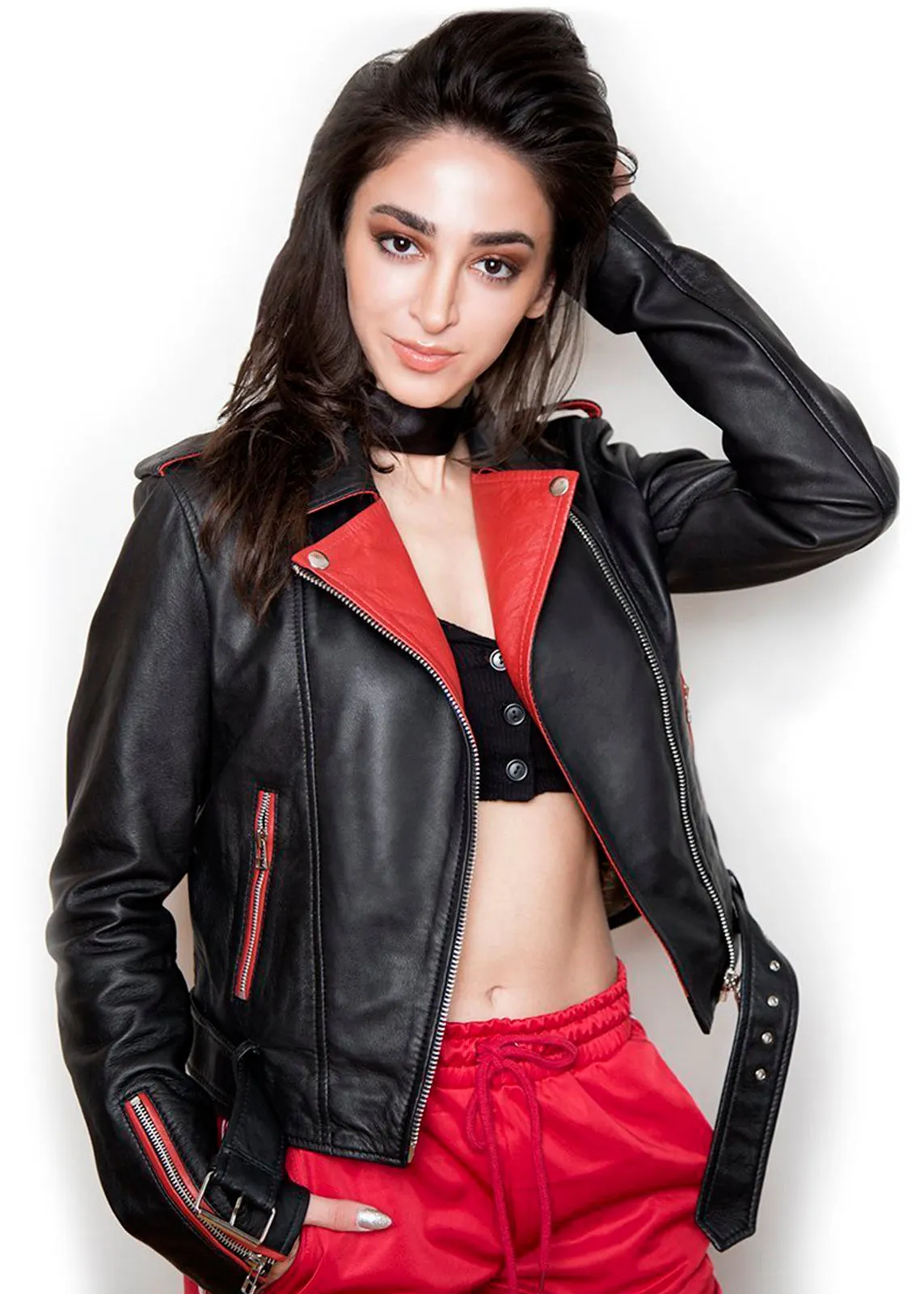 Buy Womens Fashion Leather Jacket Black Red Contrast | LucaJackets