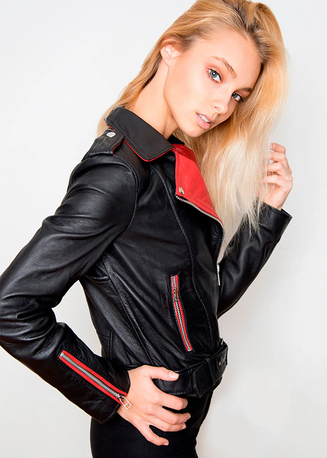 Buy Womens Fashion Leather Jacket Black Red Contrast | LucaJackets