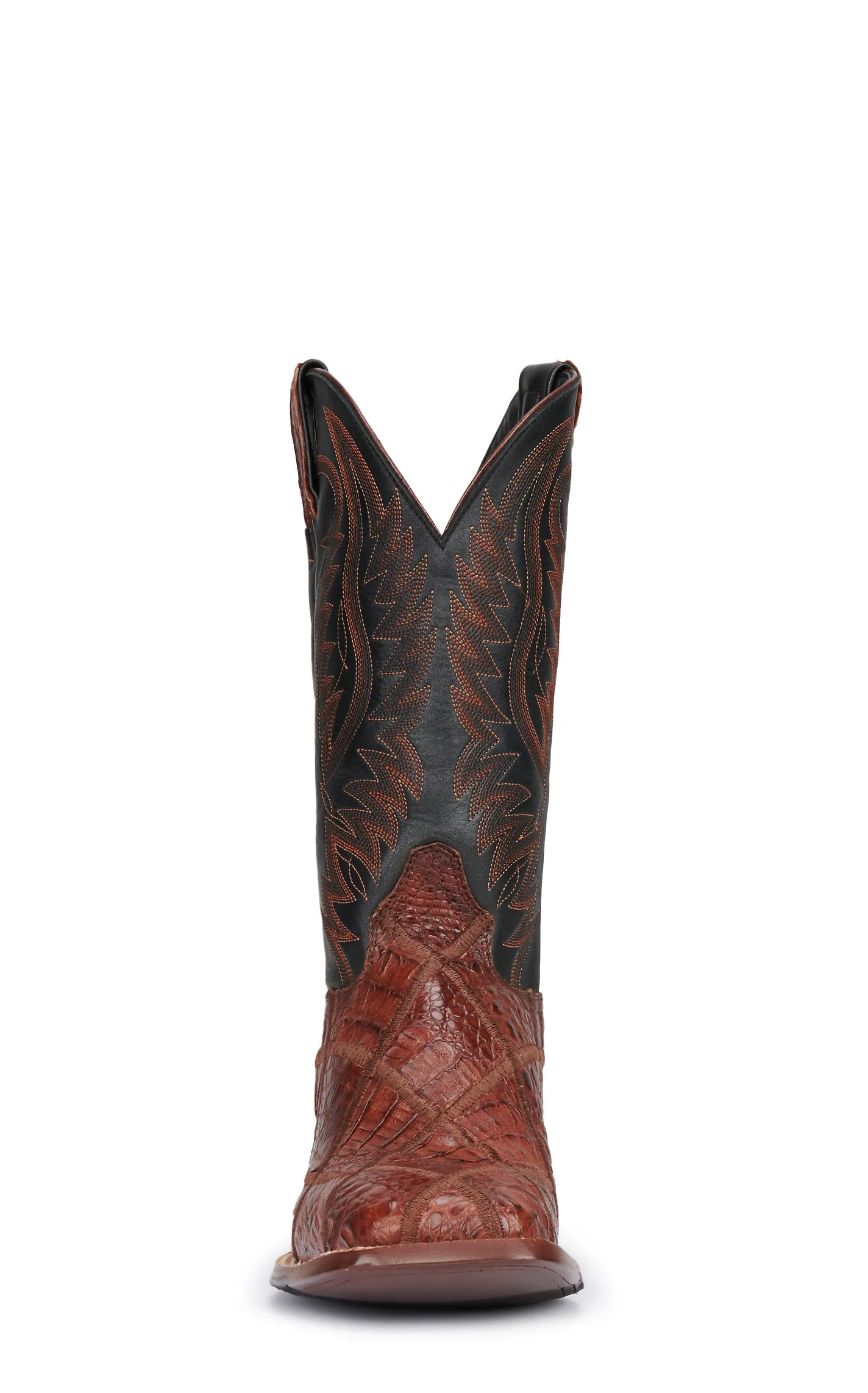 Cavender's Men's Brandy Brown Caiman Patchwork and Black Wide Square Toe Exotic Cowboy Boots