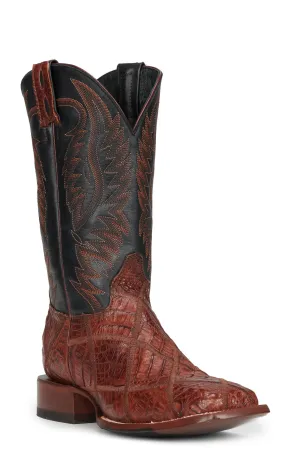 Cavender's Men's Brandy Brown Caiman Patchwork and Black Wide Square Toe Exotic Cowboy Boots