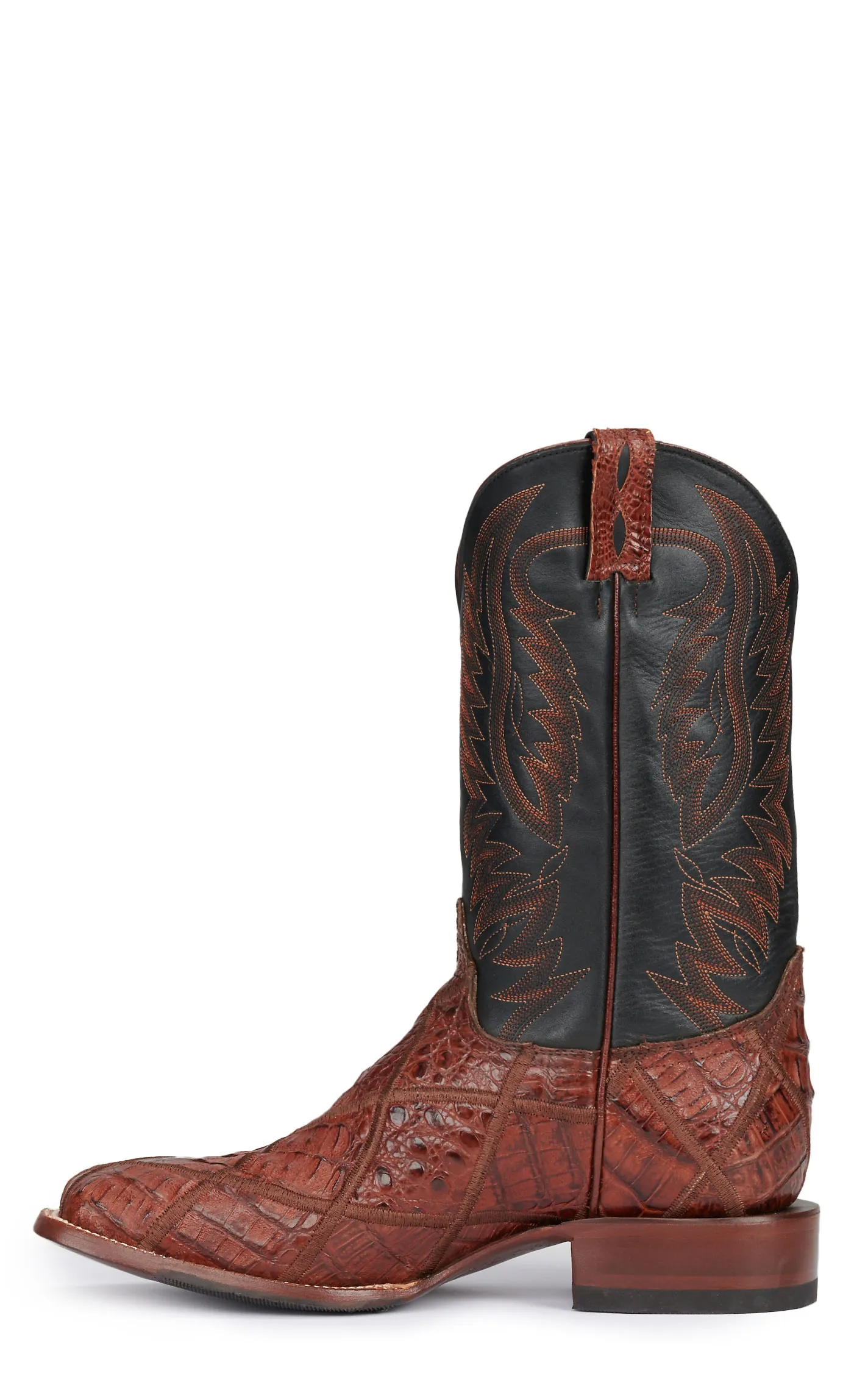 Cavender's Men's Brandy Brown Caiman Patchwork and Black Wide Square Toe Exotic Cowboy Boots