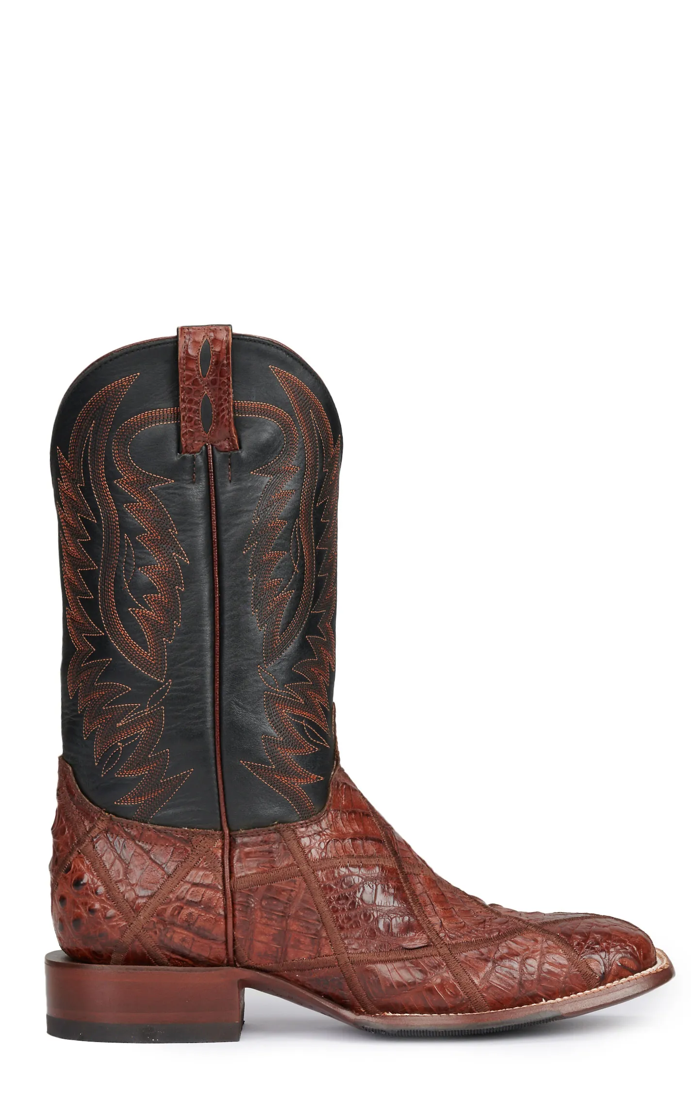 Cavender's Men's Brandy Brown Caiman Patchwork and Black Wide Square Toe Exotic Cowboy Boots