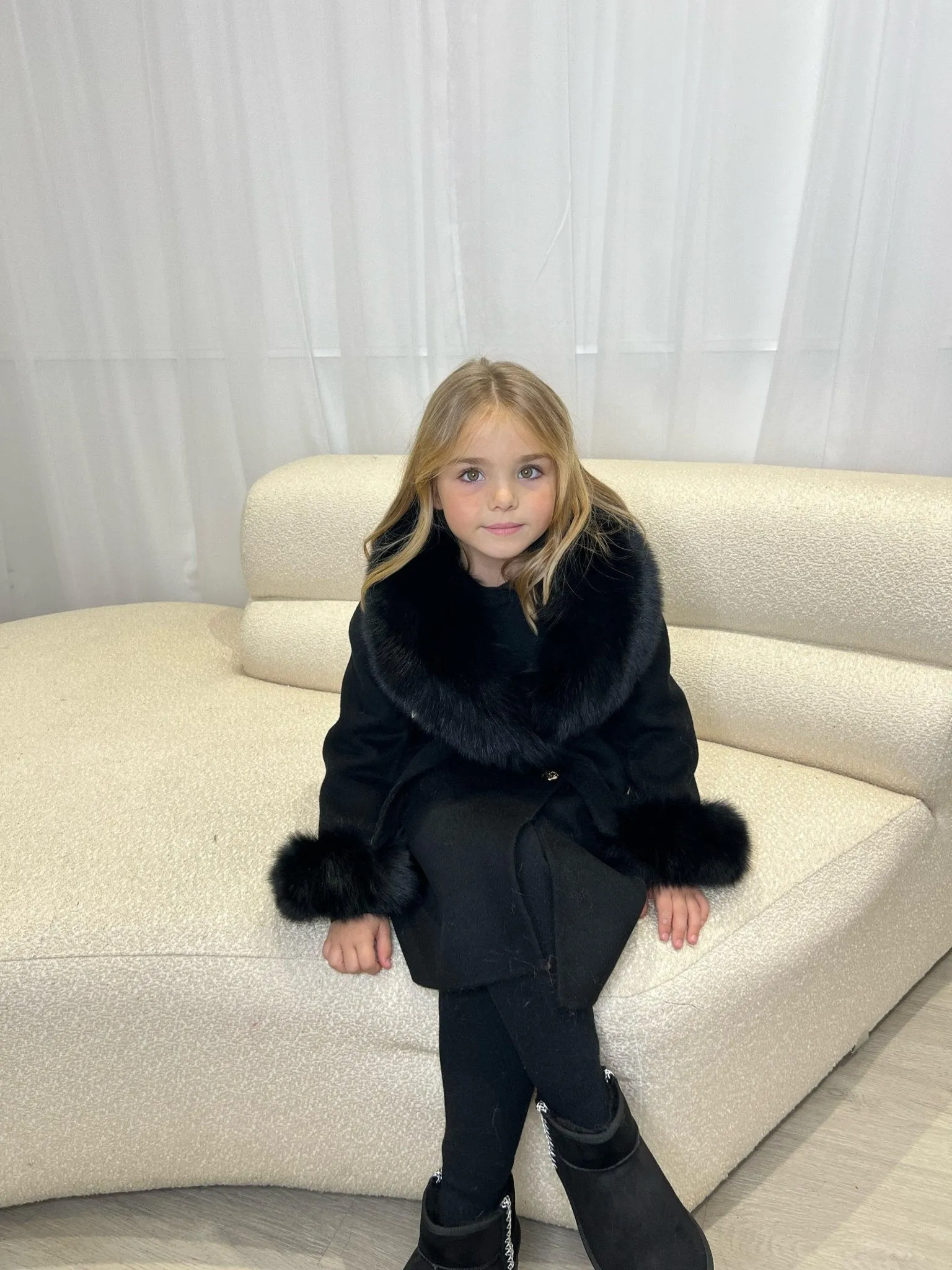 Childrens Black Luxury Fur Cashmere Coat