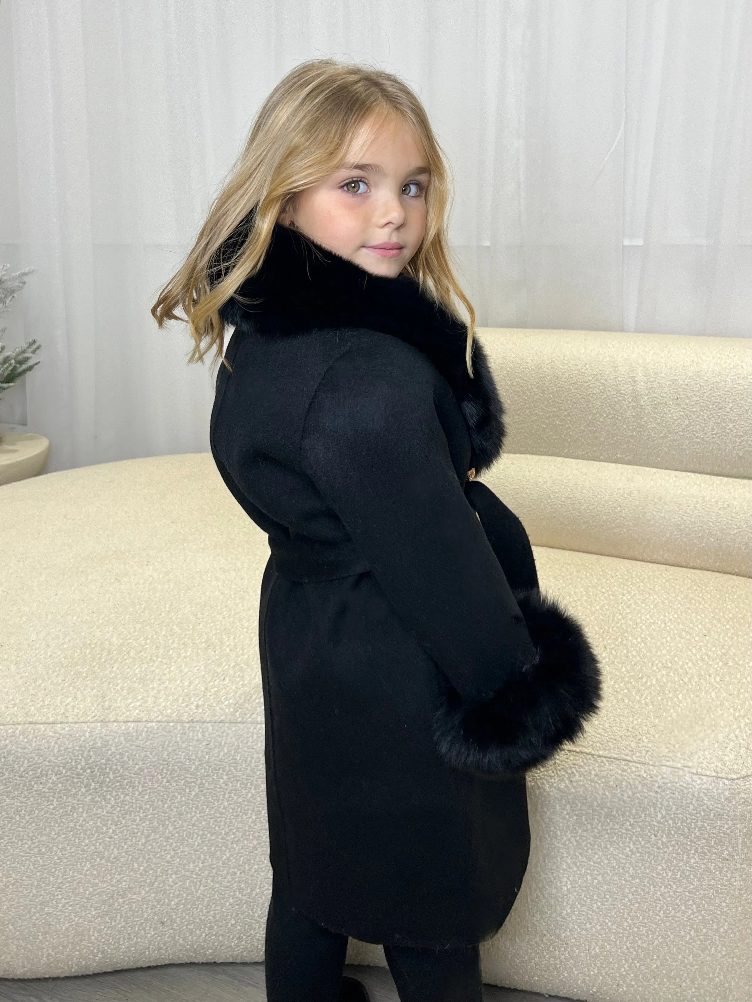 Childrens Black Luxury Fur Cashmere Coat