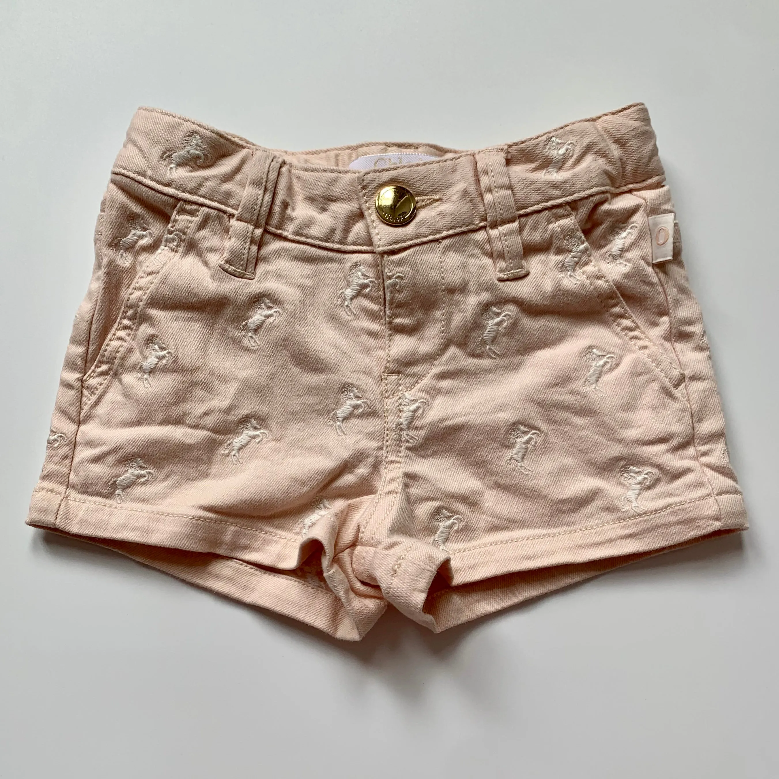 Chloé Blush Pink Horse Print Denim Shorts: 3 Years