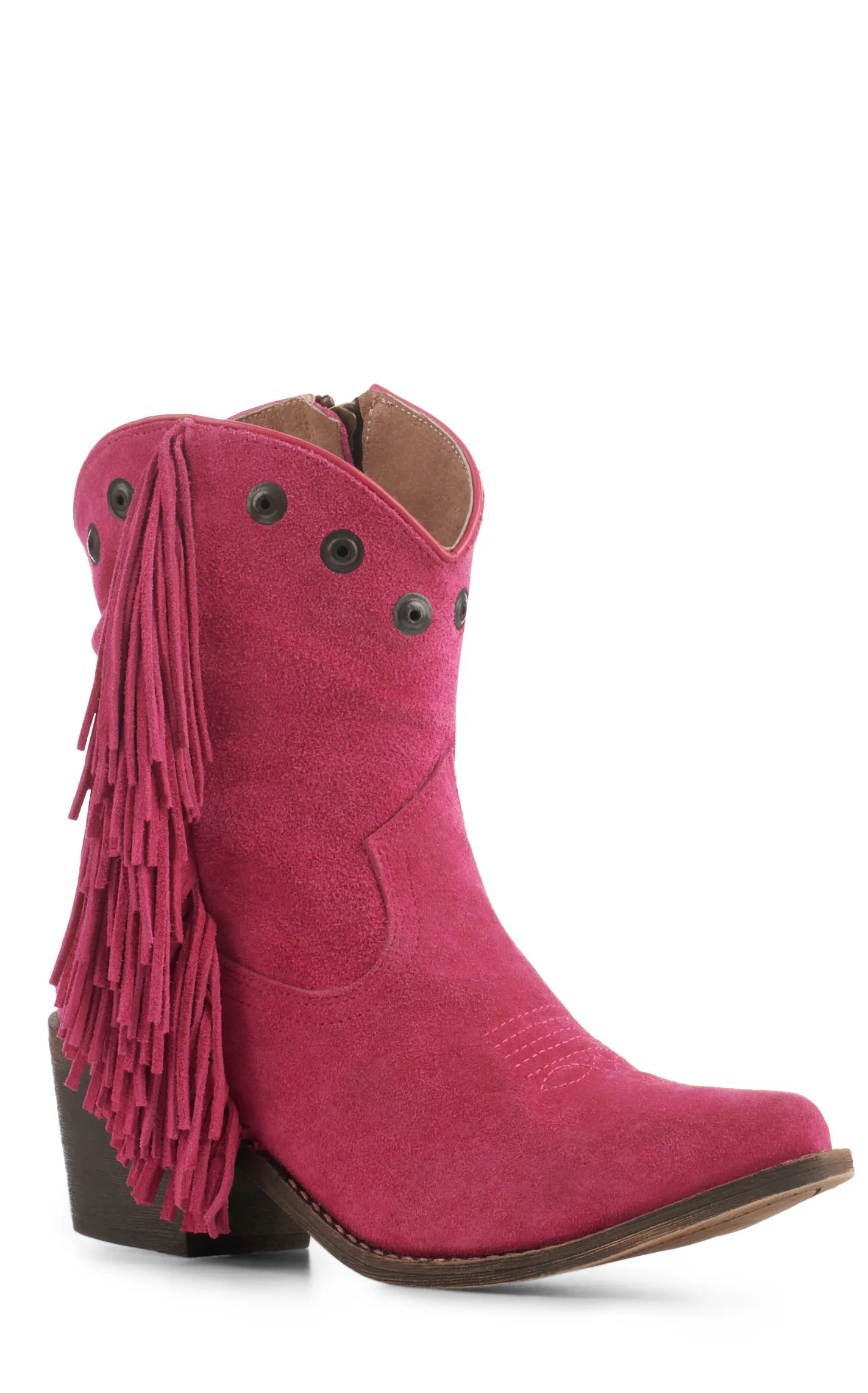 Circle G by Corral Women's Pink Suede with Fringe and Studs Pointed Toe Booties