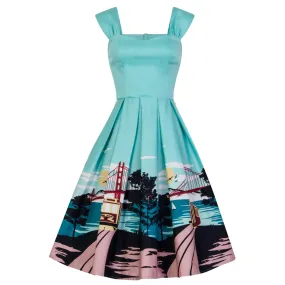 Collectif Aqua Blue San Francisco City Print 50s Swing Dress