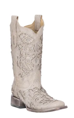 Corral Women's White with White Glitter & Crystals Inlay Wedding Square Toe Cowboy Boots