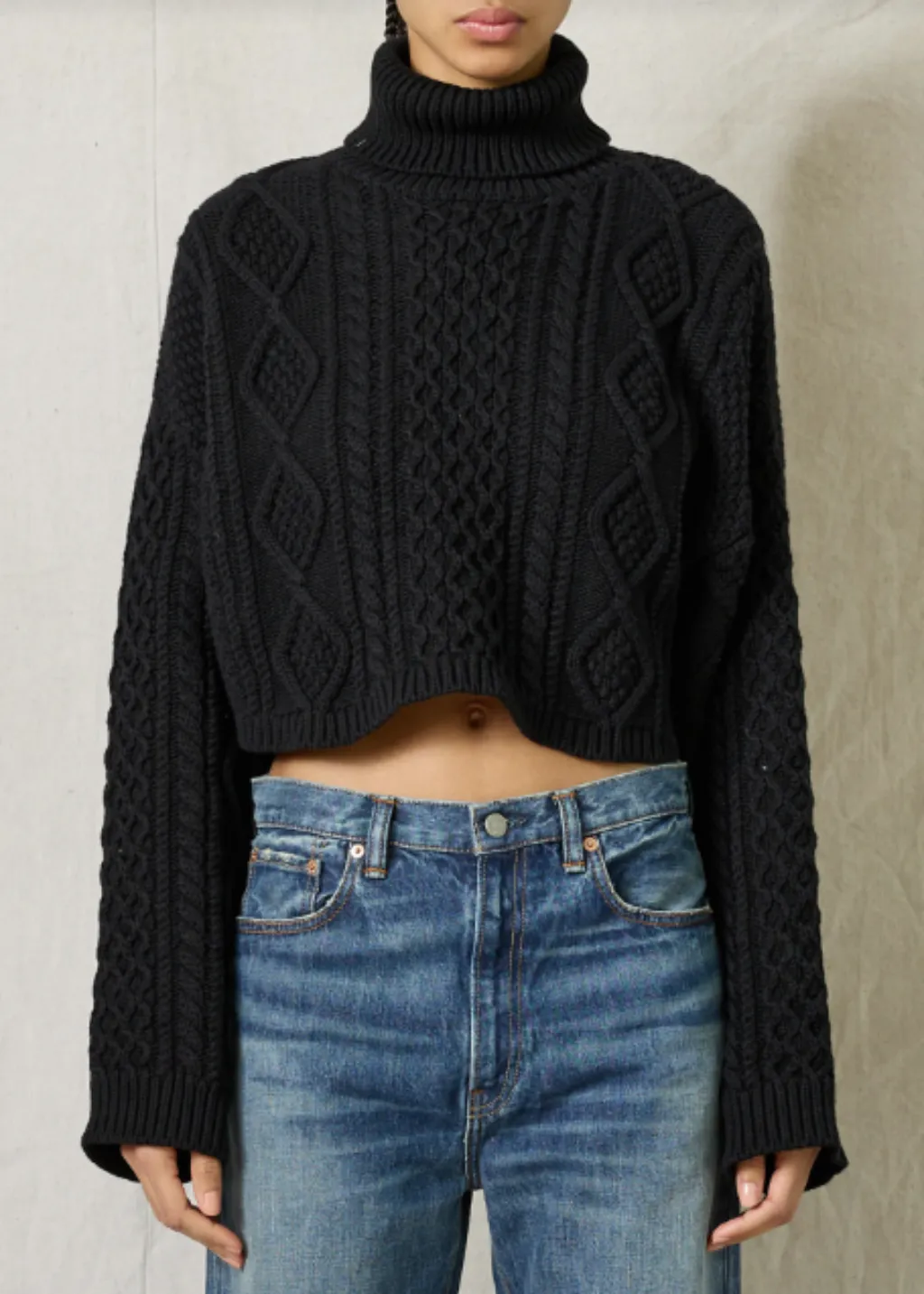 Denimist Cropped Cable Turtleneck Sweater