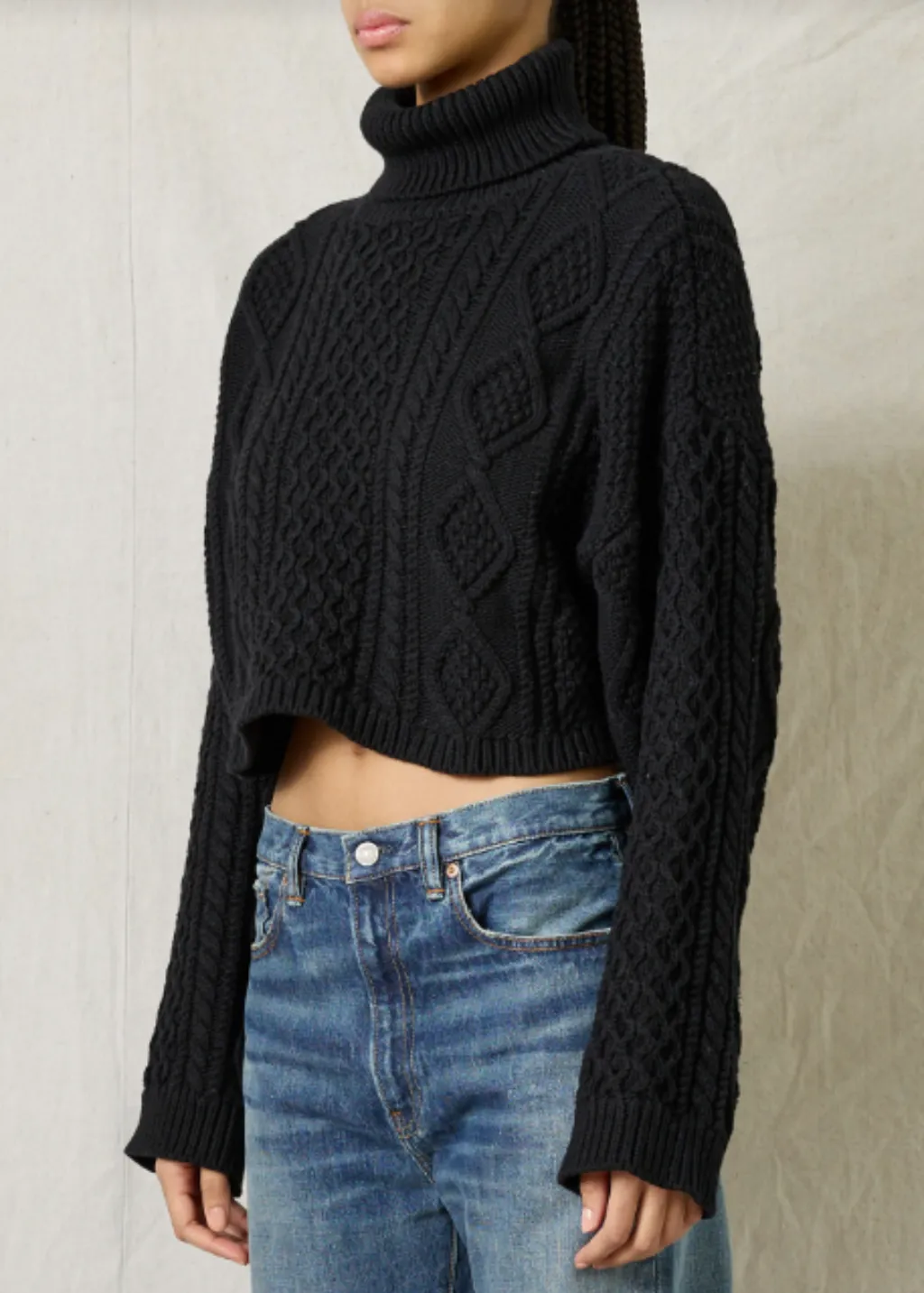 Denimist Cropped Cable Turtleneck Sweater