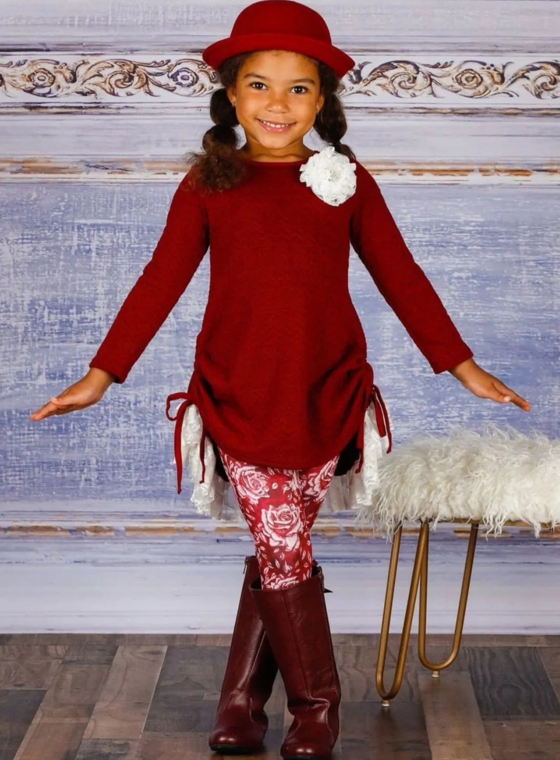 Girls Cable Knit Long Sleeve Hi-Lo Drawstring Lace Tunic And Floral Legging Set