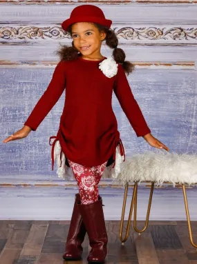 Girls Cable Knit Long Sleeve Hi-Lo Drawstring Lace Tunic And Floral Legging Set