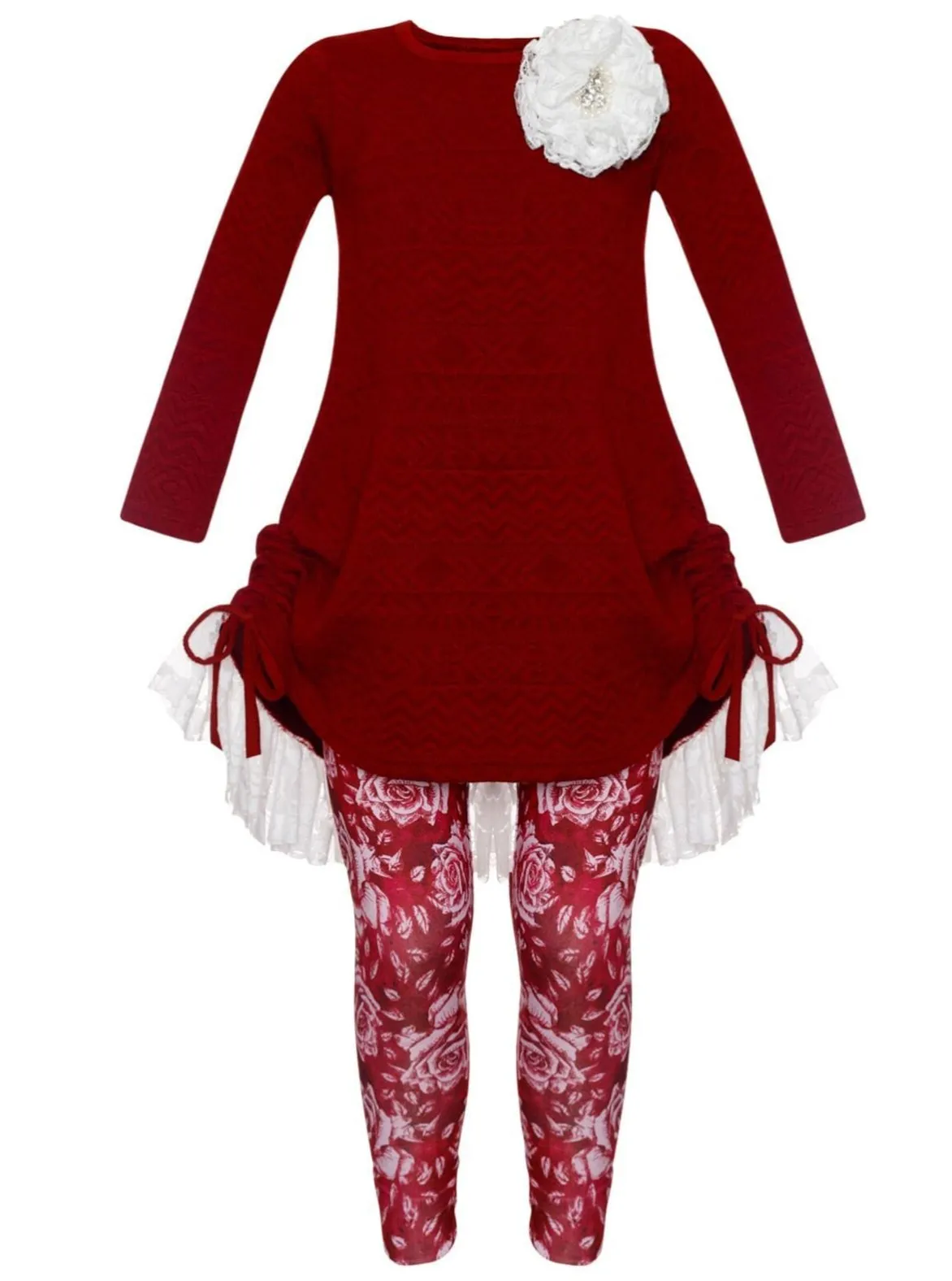 Girls Cable Knit Long Sleeve Hi-Lo Drawstring Lace Tunic And Floral Legging Set