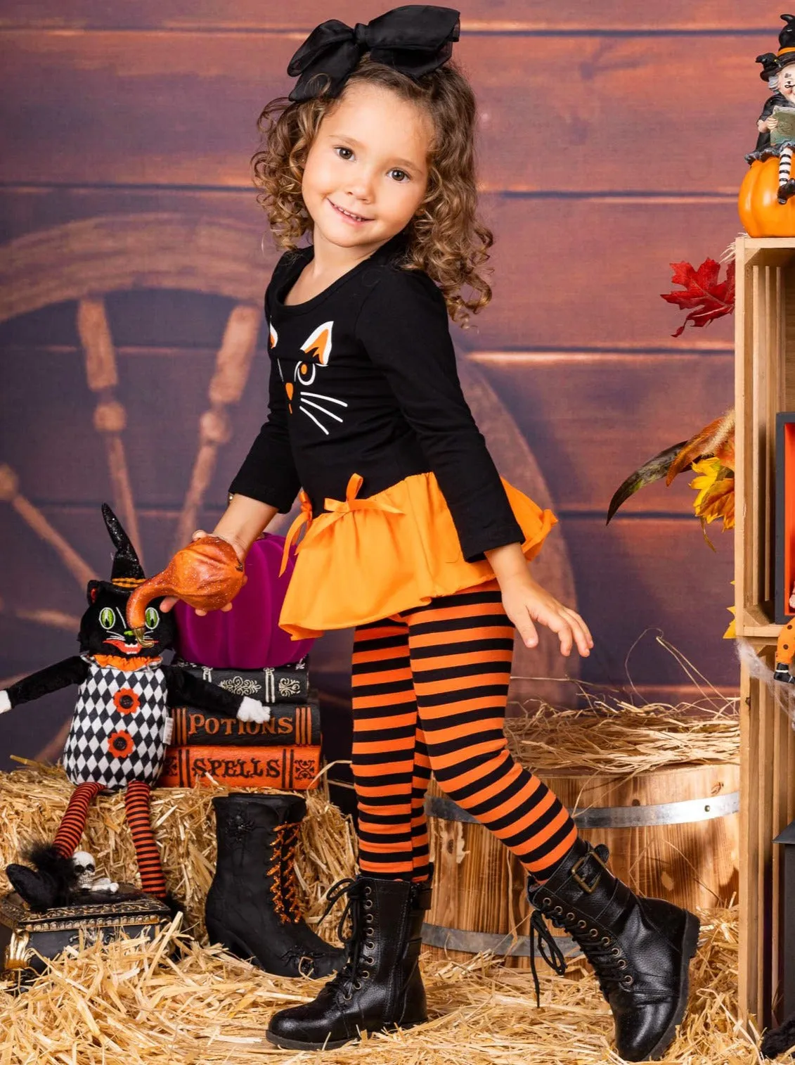 Girls Halloween Themed Long Sleeve Kitty Tunic with Ruffled Hem And Bows And Striped Legging Set