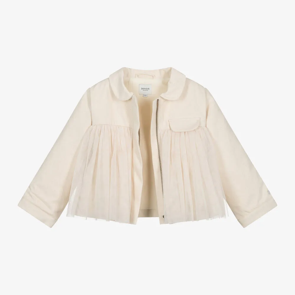 Girls Ivory Cotton Twill & Tulle Jacket