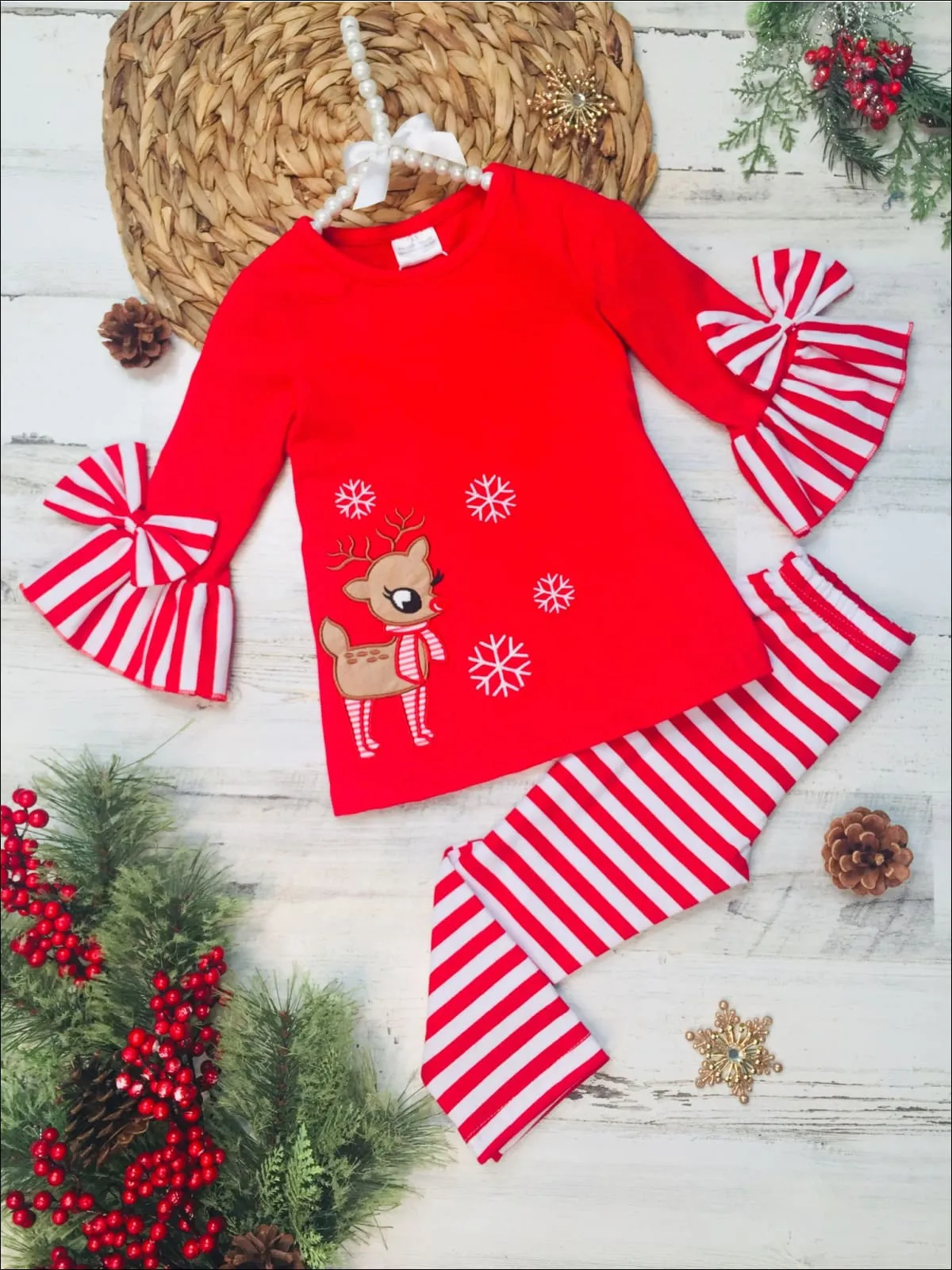 Girls Striped Rudolph Ruffled Tunic and Legging Set