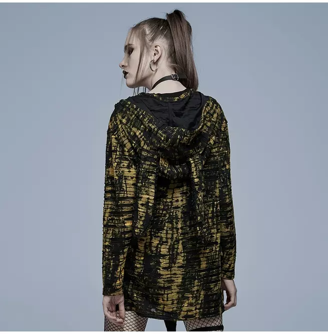 Gothic Women's Detachable Hood T-shirt With Yellow Skull Print