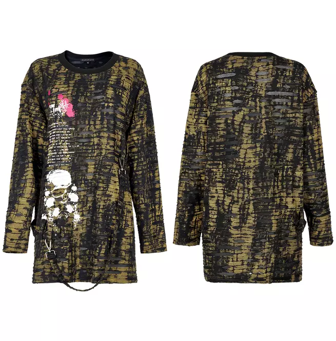 Gothic Women's Detachable Hood T-shirt With Yellow Skull Print