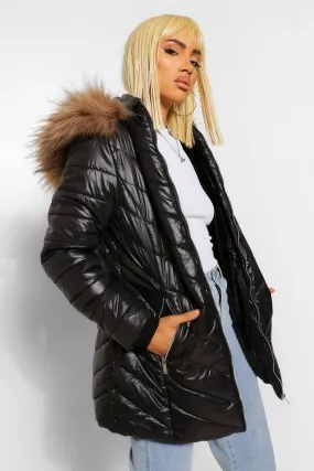 High Shine Faux Fur Trim Longline Puffer Coat