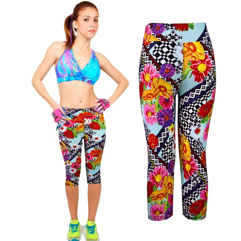 High Waist Fitness pants Printed Stretch Cropped Leggings trousers Plus size & Feida