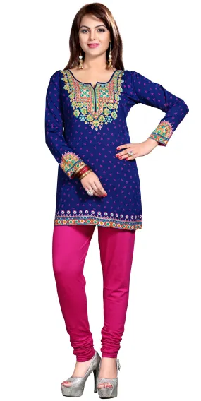 India Short Tunic Top Kurti Womens Printed Indian Apparel (Blue)