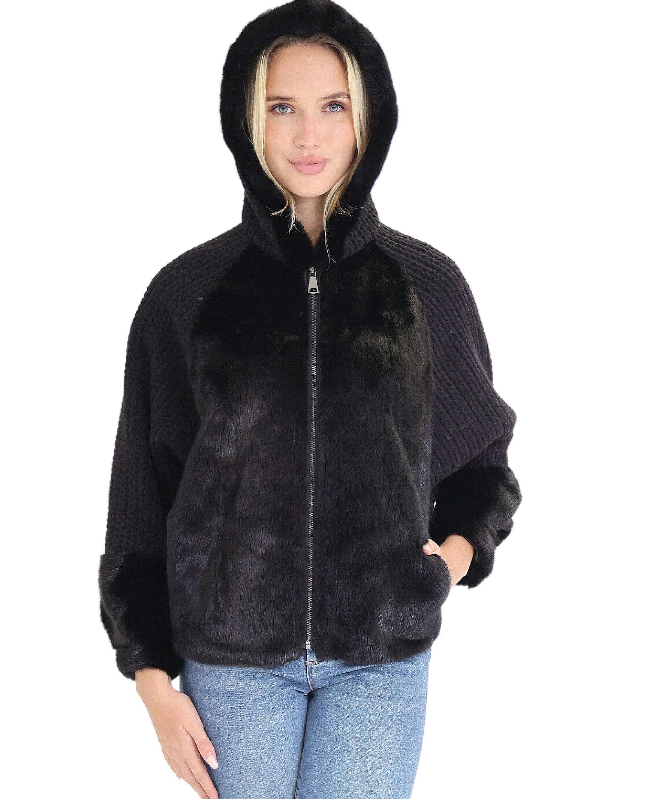 Knit Poncho w/ Mink Fur & Hood