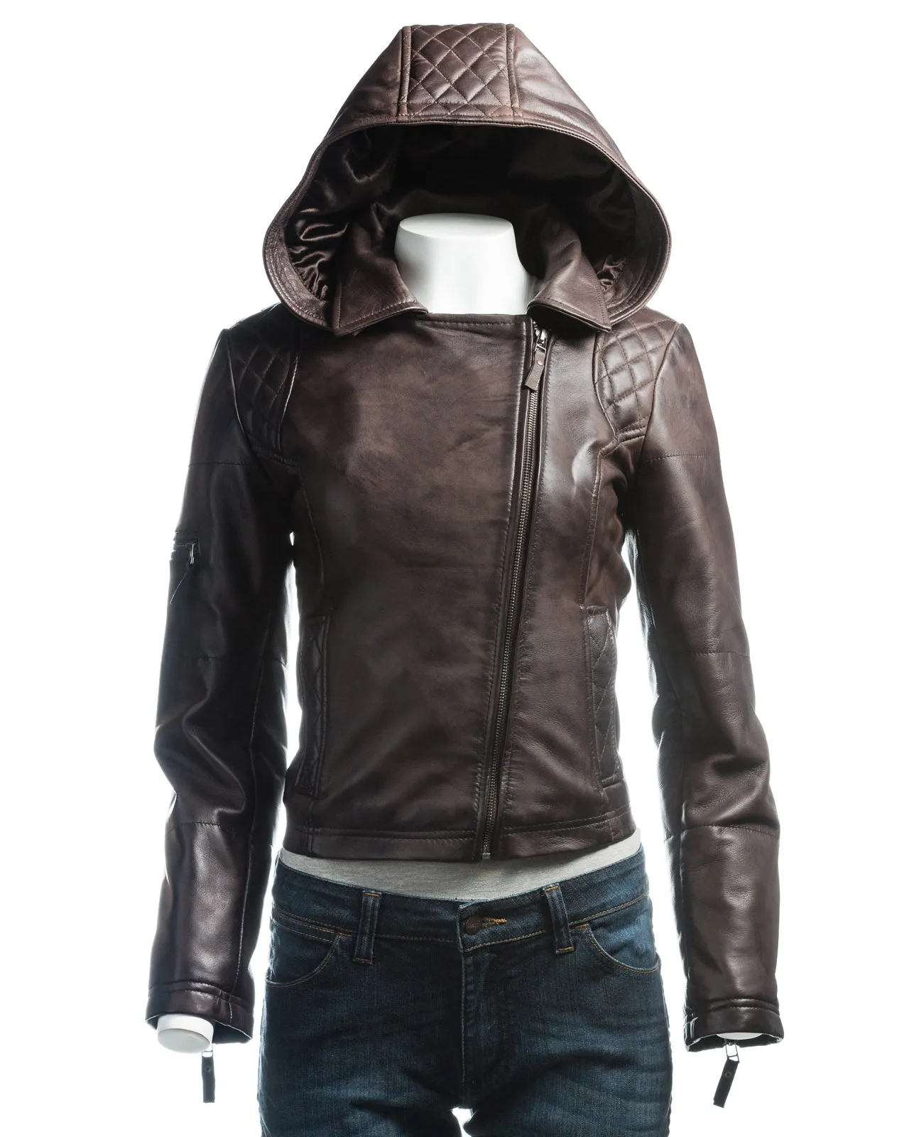 Ladies Black Slim Fit Diamond Quilted Biker Style Leather Jacket With Detachable Hood: Flora