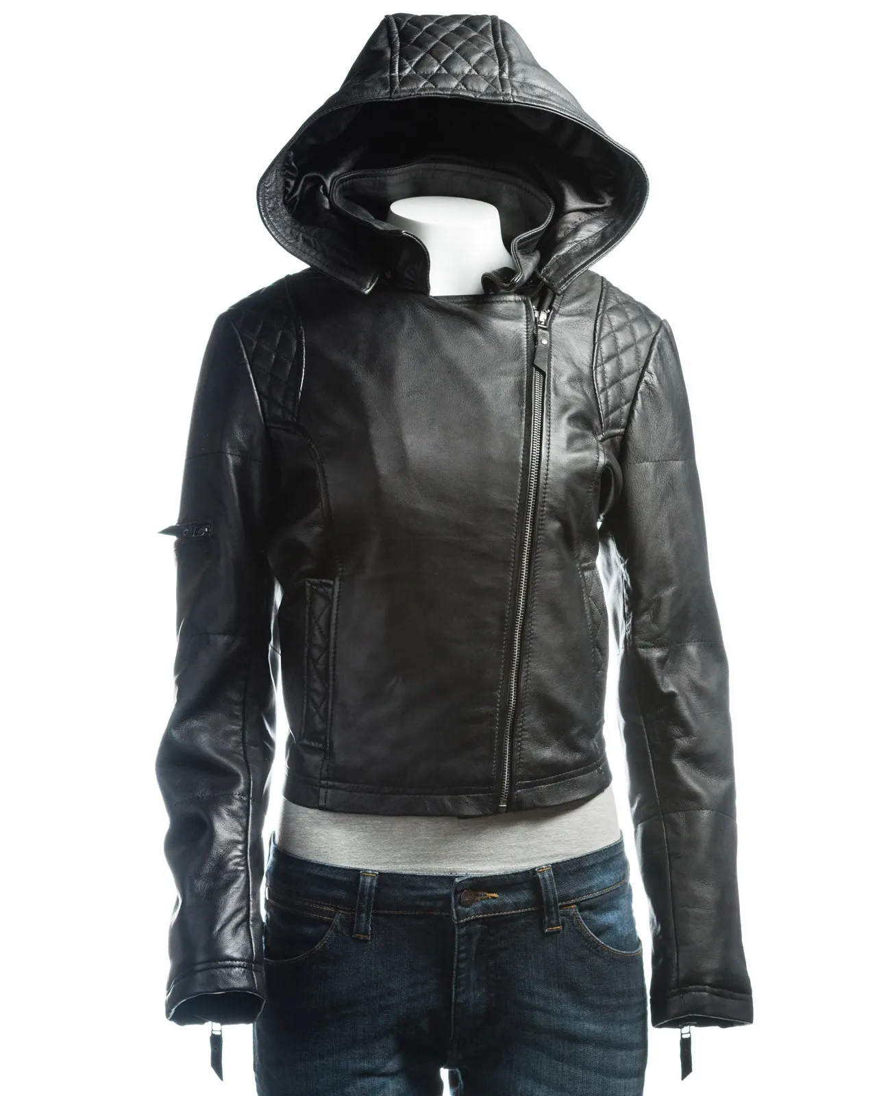 Ladies Black Slim Fit Diamond Quilted Biker Style Leather Jacket With Detachable Hood: Flora