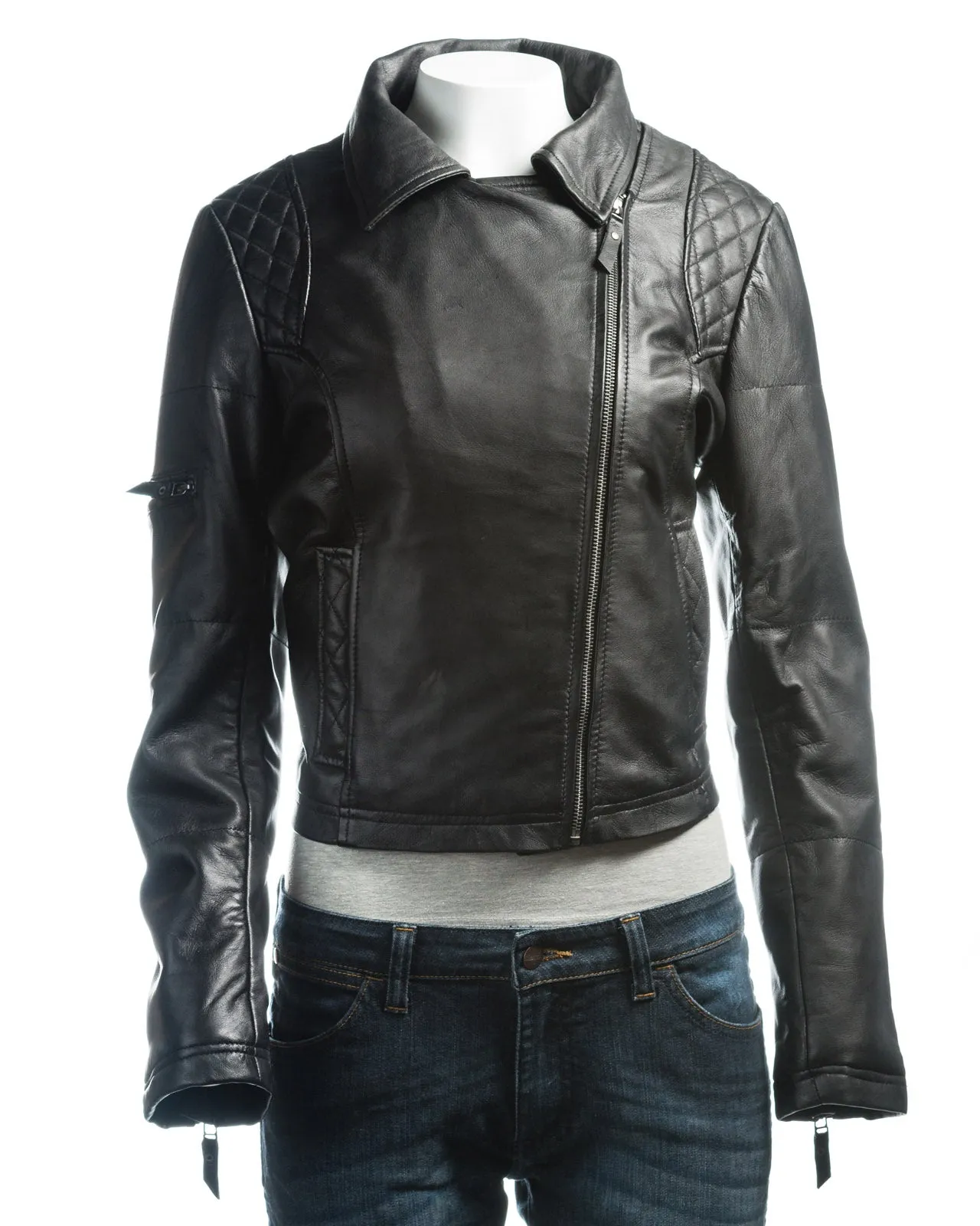 Ladies Brown Slim Fit Diamond Quilted Biker Style Leather Jacket With Detachable Hood: Flora