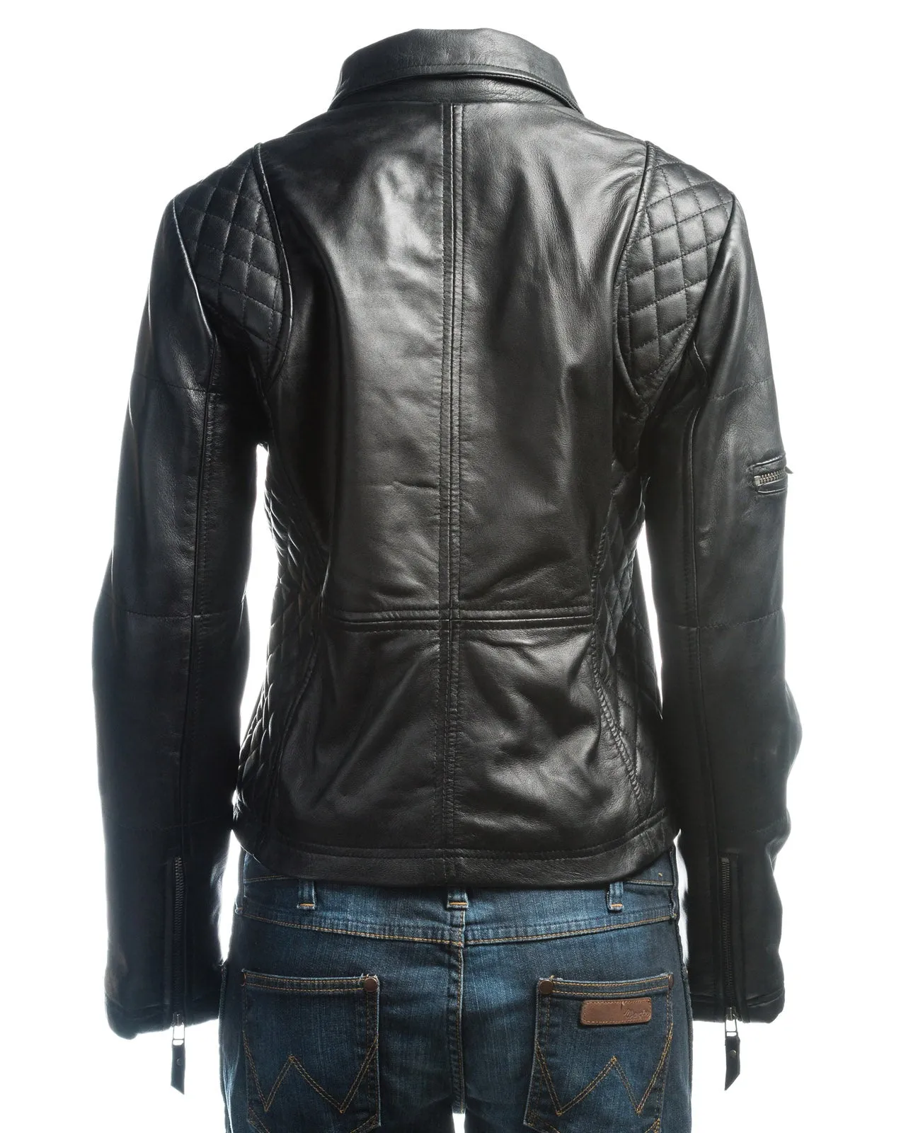 Ladies Brown Slim Fit Diamond Quilted Biker Style Leather Jacket With Detachable Hood: Flora