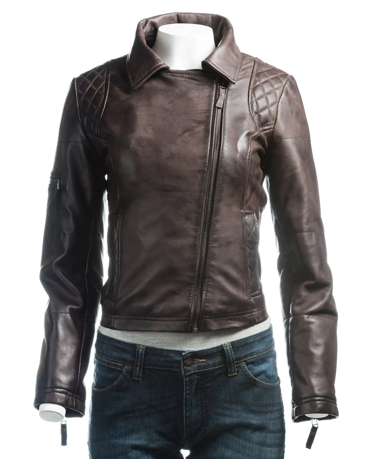 Ladies Brown Slim Fit Diamond Quilted Biker Style Leather Jacket With Detachable Hood: Flora